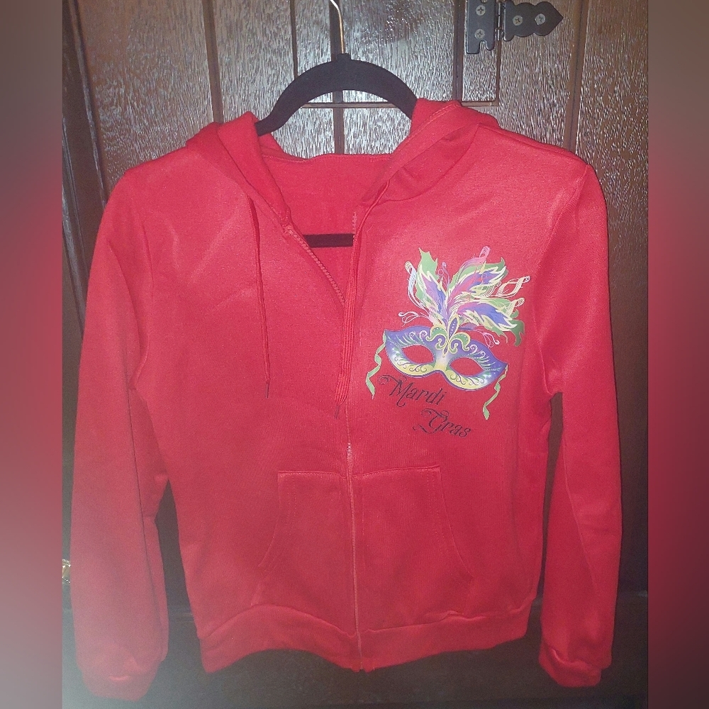 Mardi Gras Upcycled Red Hoodie and jogger pants with Artistic Design, NWT